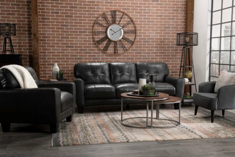 Curt 85″ Grey Genuine Leather Sofa With Button Tufting Furniture