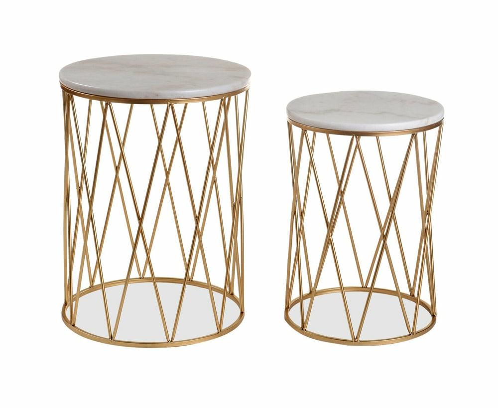 Dalilah 16″ 2-Piece Accent Table Package – White Marble With Gold Base End Tables