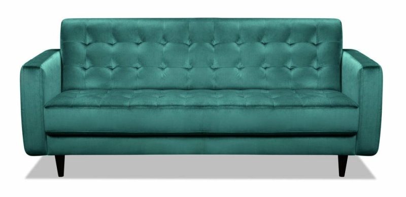 Devlin 76.4″ Green Velvet Fabric Condo-Size Sofa With Tufted Cushions And Wood Legs Furniture