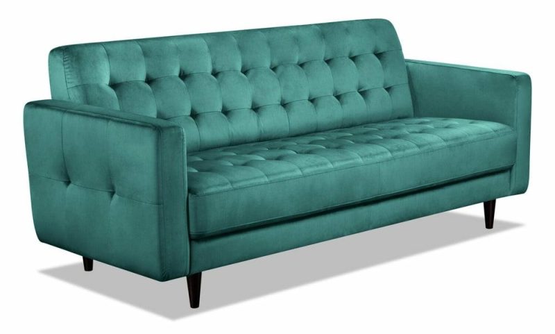 Devlin 76.4″ Green Velvet Fabric Condo-Size Sofa With Tufted Cushions And Wood Legs Furniture