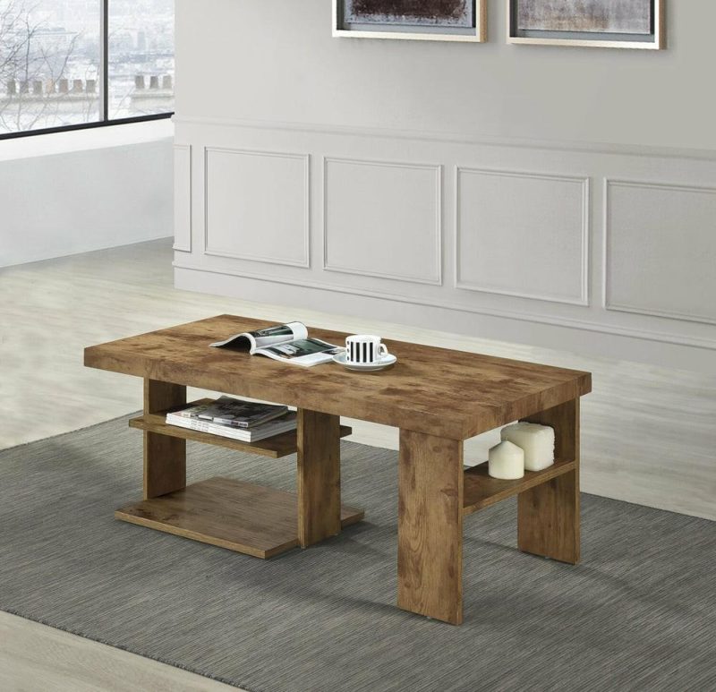 Devon 43.3″ Rustic Coffee Table With Shelf – Light Pine Finish Wood Coffee Tables