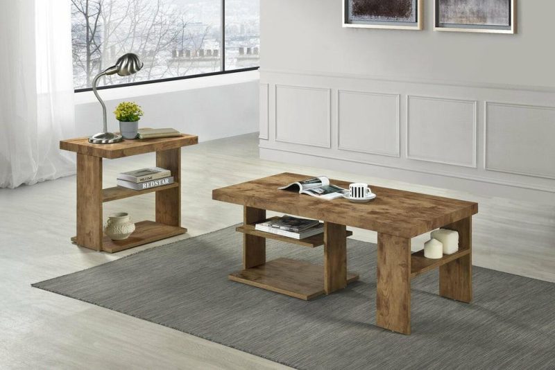 Devon 43.3″ Rustic Coffee Table With Shelf – Light Pine Finish Wood Coffee Tables