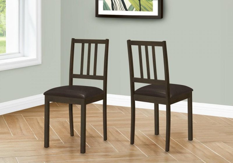 Dining Chair Set Of 2 Kitchen Dining Room Brown Leather-Look Brown Wood Legs Transitional Dining Chairs