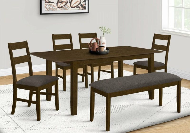 Dining Table Rectangular 18″ Extension Panel Solid Wood Legs Dining Room Kitchen Brown Veneer Transitional Dining Room