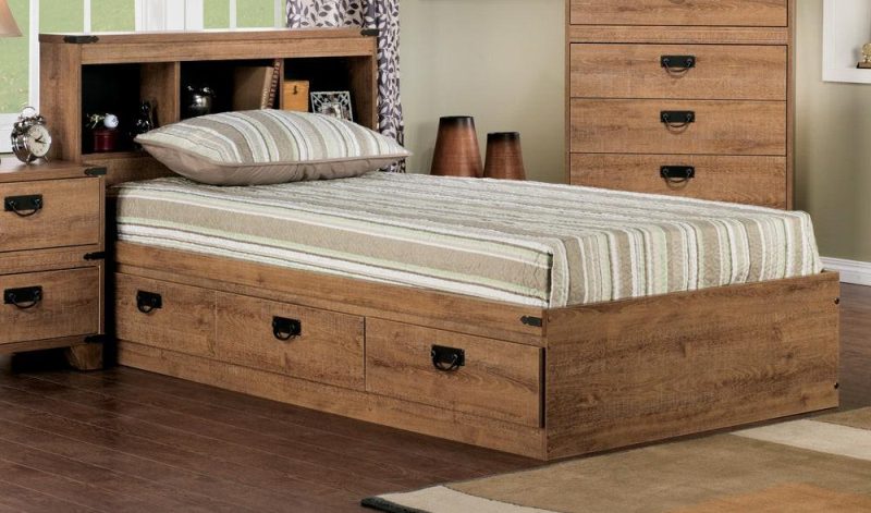 Driftwood Mates Bed With Bookcase Headboard Set For Kids, Brown – Twin Size Bedroom