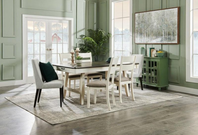 Echo 5Pc Dining Table Set With Table & 4 Chairs, Storage Drawers, Trestle Base, 70″W – White/Grey Dining Room