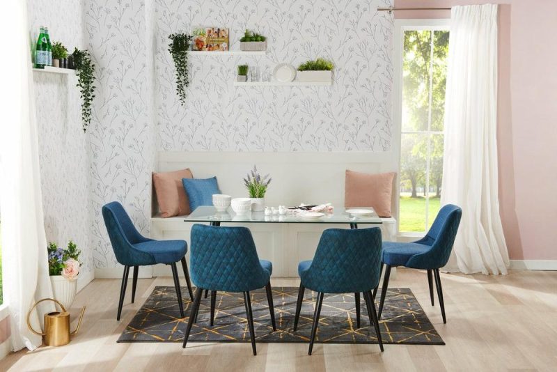 Eden Dining Chair With Linen-Look Fabric, Metal – Blue Accent Chairs