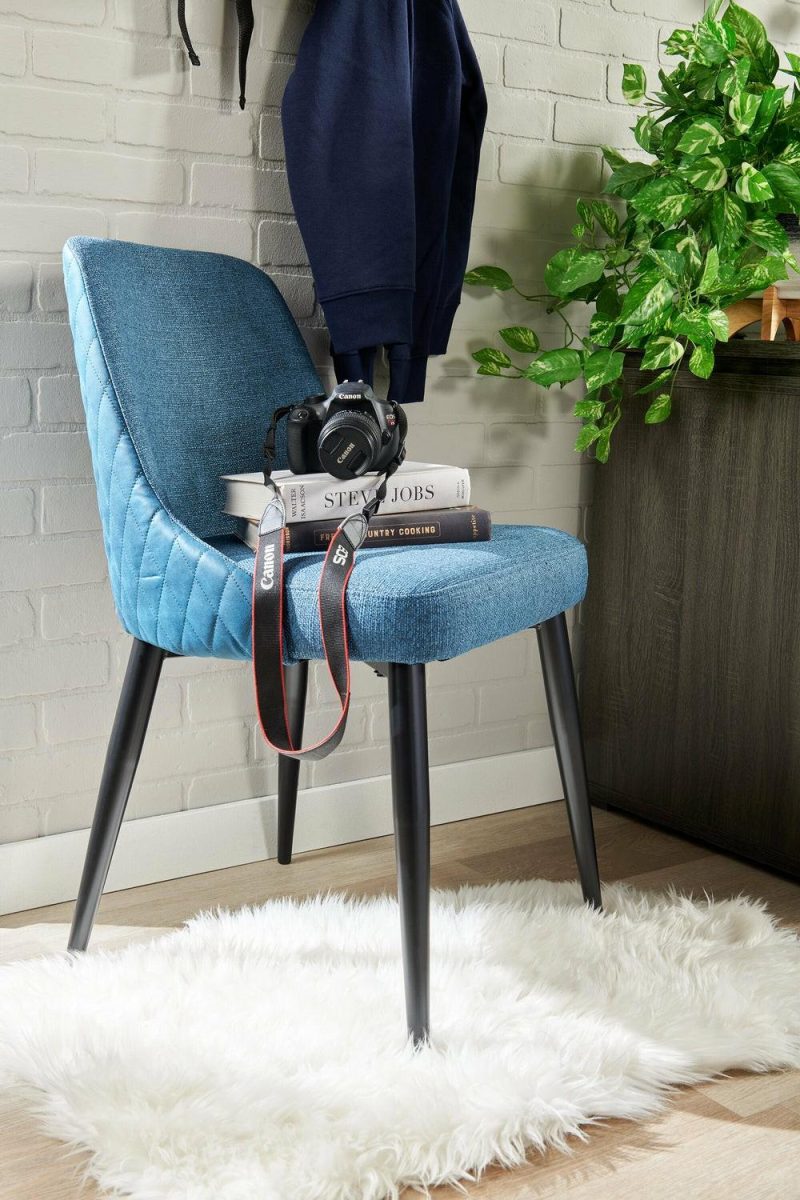 Eden Dining Chair With Linen-Look Fabric, Metal – Blue Accent Chairs