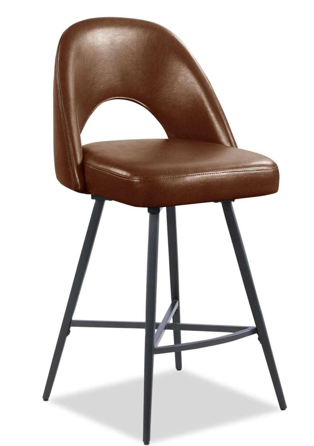 Elijah Counter-Height Stool With Swivel Seat, Vegan Leather Fabric, Metal – Brown Bar Stools