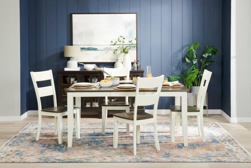 Ella 5Pc Dining Set With Table & 4 Chairs, 48-66″W Extension – Two-Tone White & Brown Dining Room