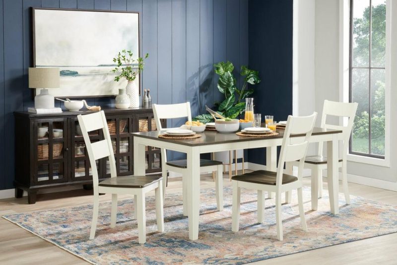 Ella 5Pc Dining Set With Table & 4 Chairs, 48-66″W Extension – Two-Tone White & Brown Dining Room