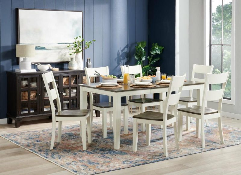 Ella 7Pc Dining Set With Table & 6 Chairs, 48-66″W Extension – Two-Tone White & Brown Dining Room