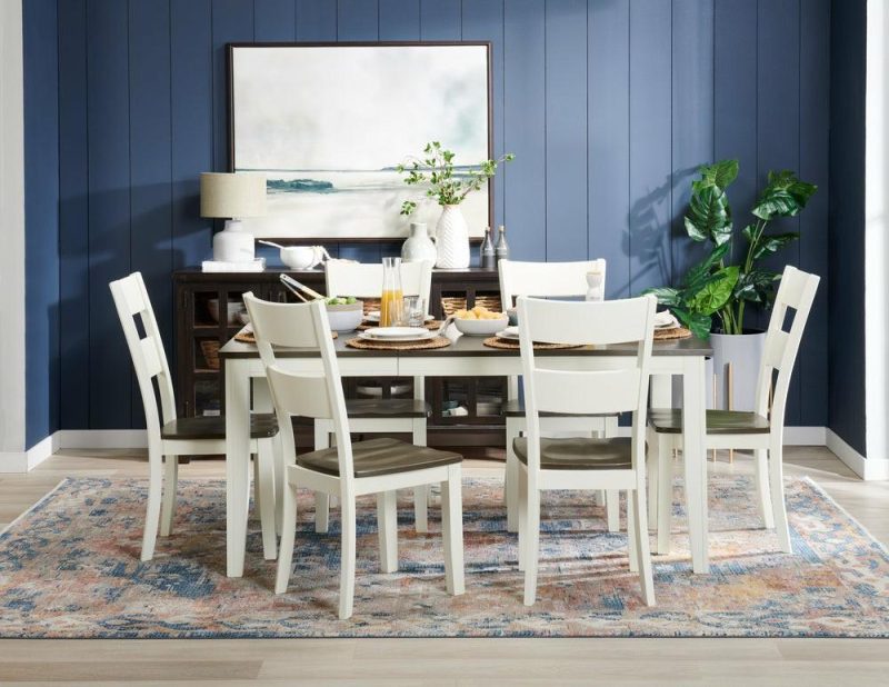 Ella 7Pc Dining Set With Table & 6 Chairs, 48-66″W Extension – Two-Tone White & Brown Dining Room