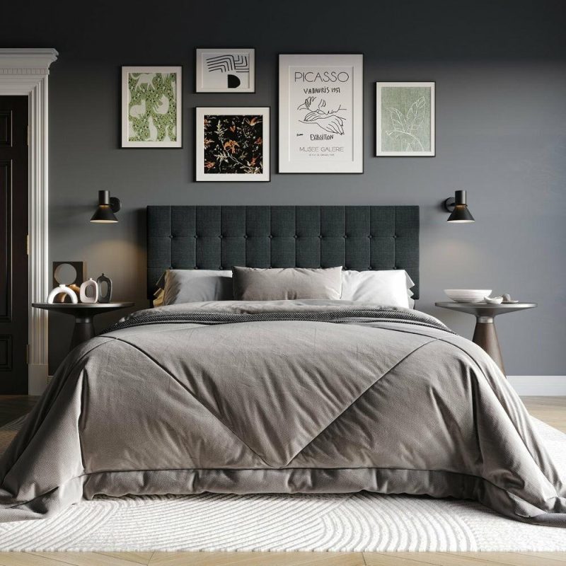 Ellis Upholstered Headboard In Charcoal Fabric, Button Tufted – Twin Size Bedroom