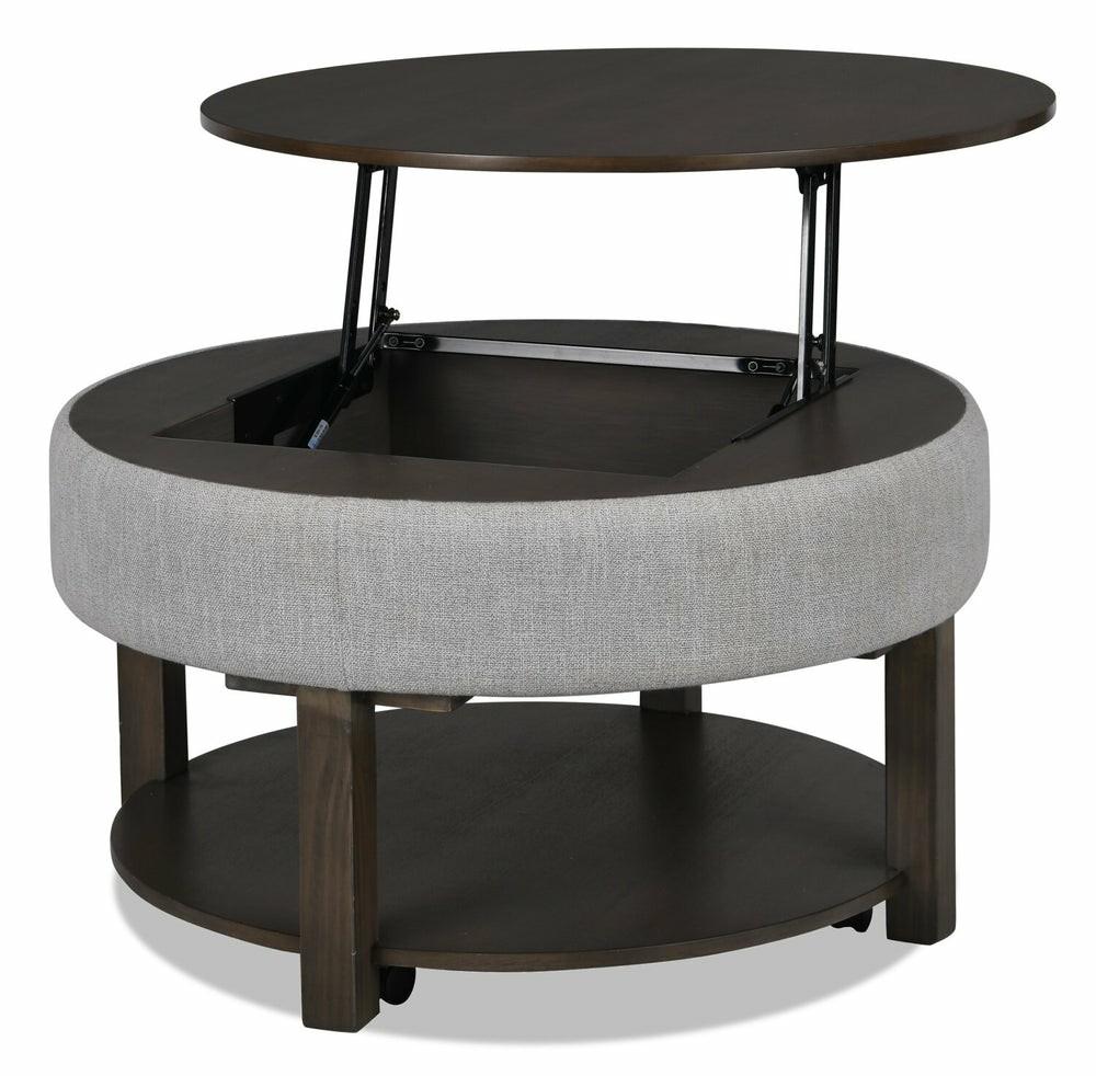 Elroy 33″ Rustic Round Lift Top Coffee Table With Storage, Shelf And Casters – Brown And Grey With Fabric Edge Coffee Tables