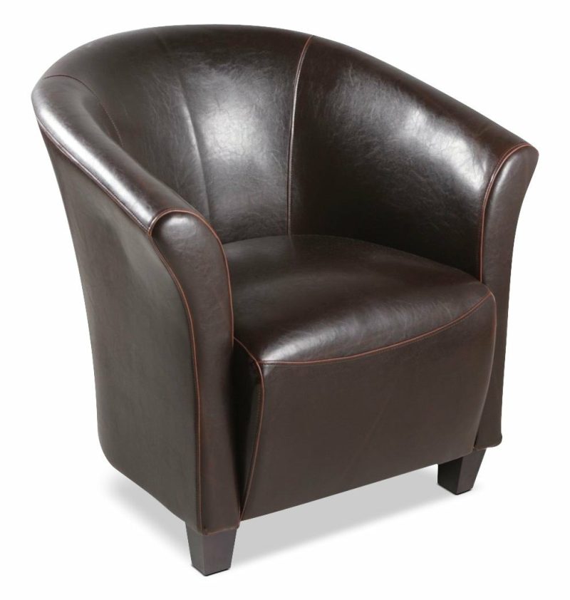 Ethan 31″ Brown Faux Leather Tub-Style Accent Chair With Wood Legs Accent Chairs