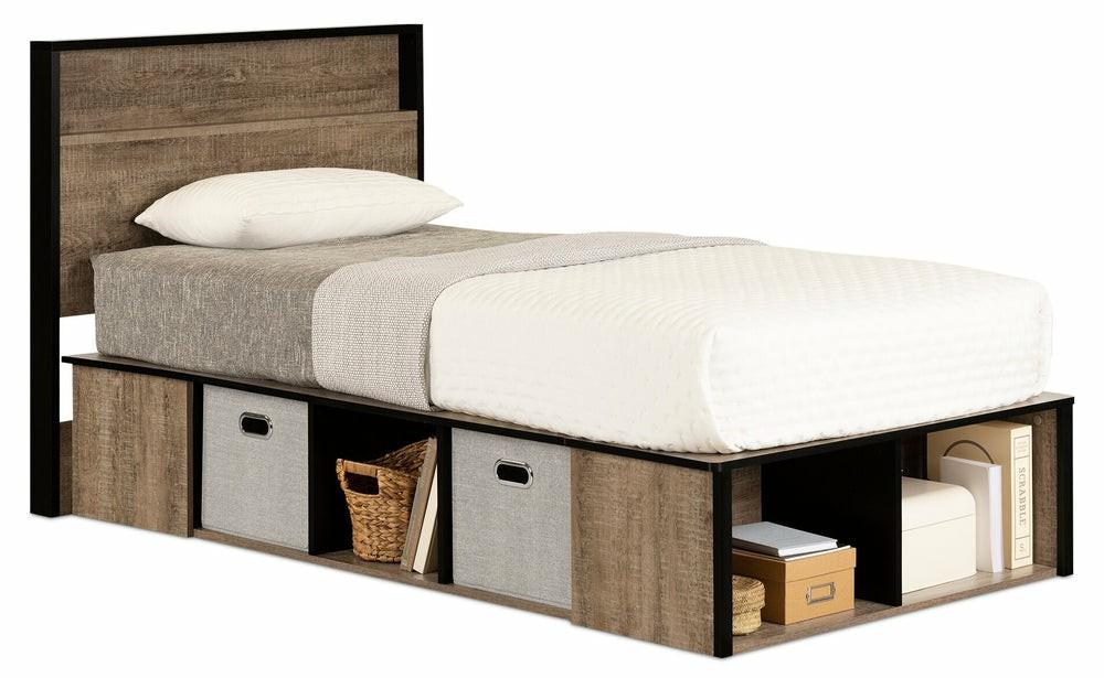 Everley Platform Bed Set With Panel Headboard, Built-In Storage & Baskets, Two-Tone – Twin Size Bedroom