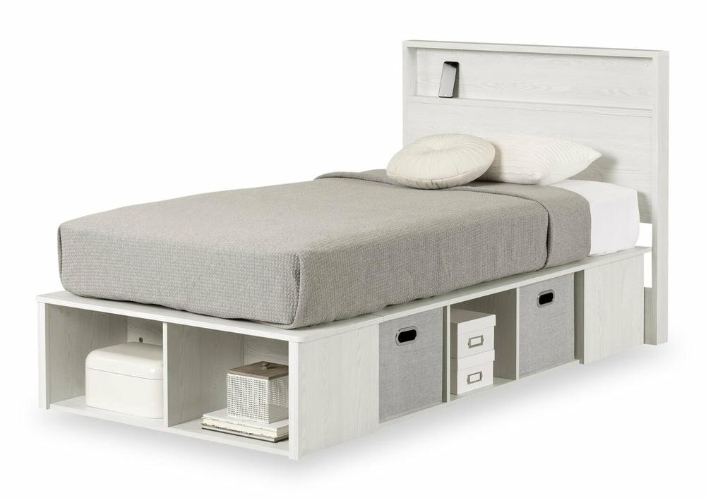 Everley Platform Bed Set With Panel Headboard, Built-In Storage & Baskets, White – Twin Size Bedroom