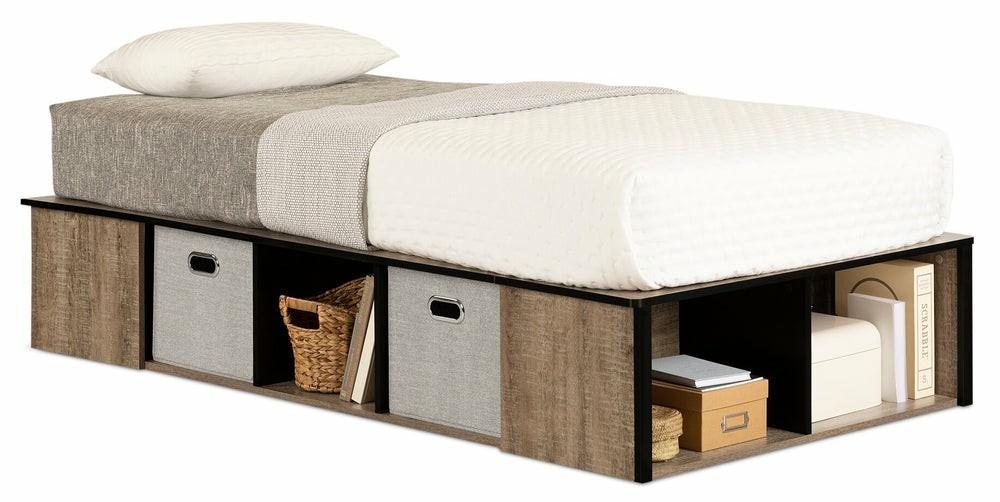 Everley Platform Bed With Built-In Storage & Baskets, Weathered Oak & Matte Black – Twin Size Bedroom