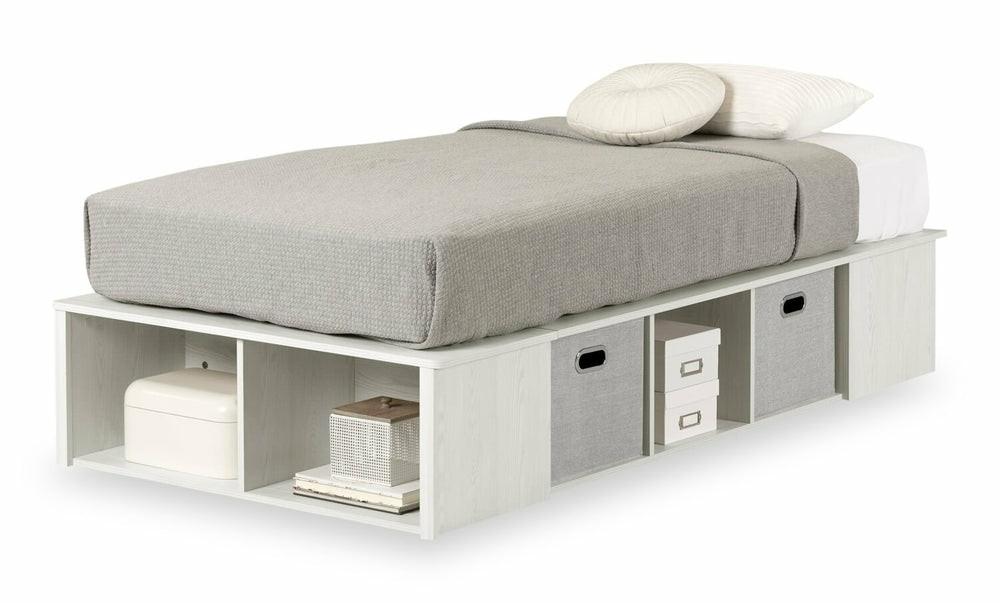 Everley Platform Bed With Built-In Storage & Baskets, White – Twin Size Bedroom