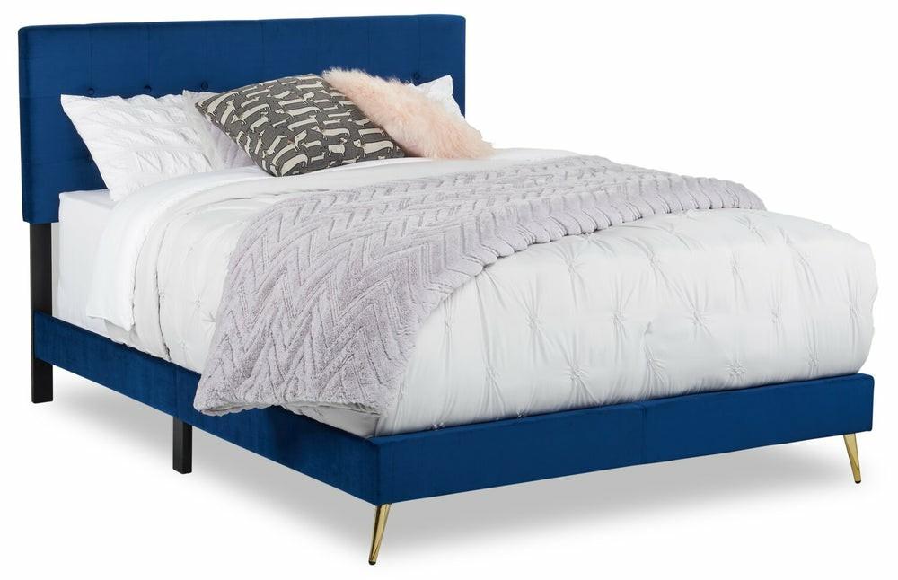 Gabi Upholstered Bed In Blue Velvet Fabric With Gold Finish Legs, Button Tufted – Queen Size Bedroom