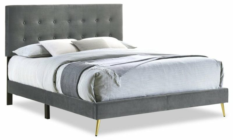 Gabi Upholstered Bed In Charcoal Velvet Fabric With Gold Finish Legs, Button Tufted – King Size Bedroom