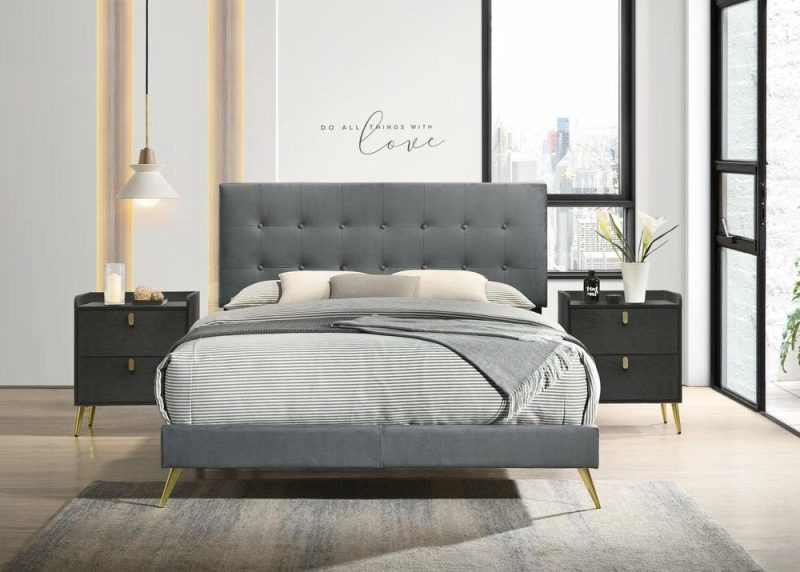 Gabi Upholstered Bed In Charcoal Velvet Fabric With Gold Finish Legs, Button Tufted – King Size Bedroom