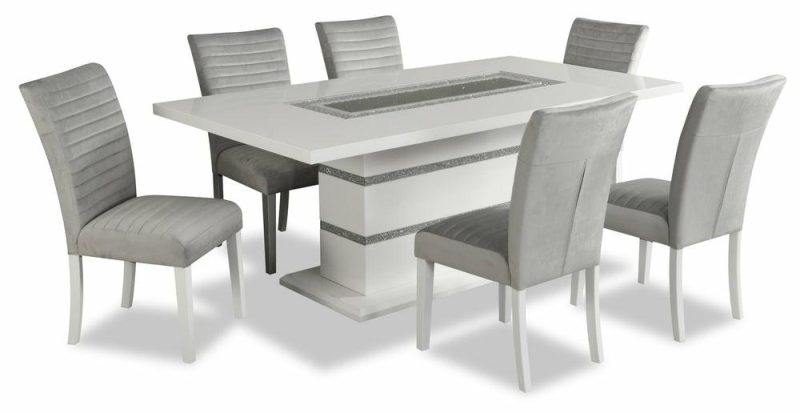 Garbo 7Pc Dining Set With Table & 6 Chairs, Pedestal Base, Decorative Insert, 78.75″W – White Dining Room