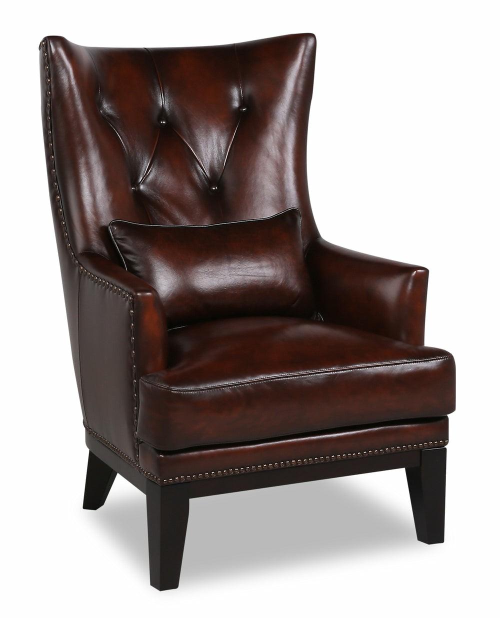 Haden 30″ Brown Genuine Leather Accent Chair With Wing Back, Lumbar Pillow, Rubberwood Legs And Nailhead Trim Accent Chairs