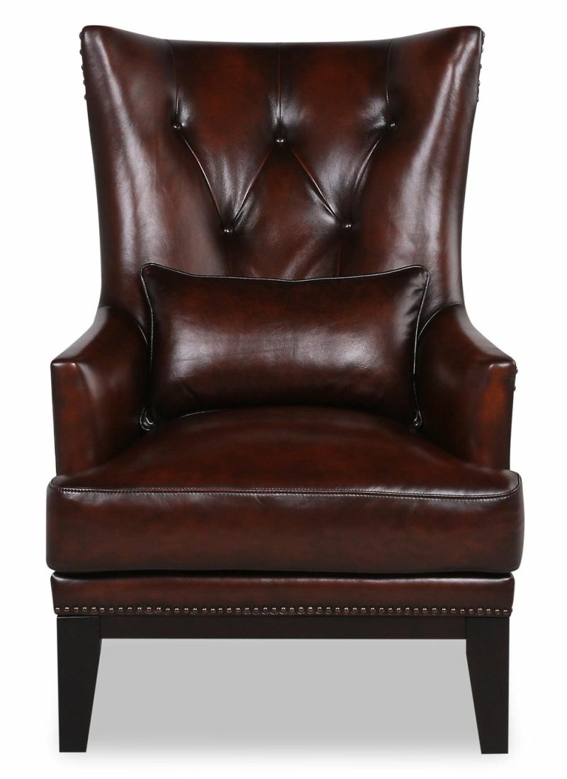 Haden 30″ Brown Genuine Leather Accent Chair With Wing Back, Lumbar Pillow, Rubberwood Legs And Nailhead Trim Accent Chairs