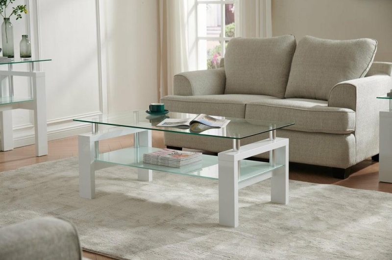 Harvy  47.25″ Modern Glass Top Coffee Table With Shelf – White Coffee Tables