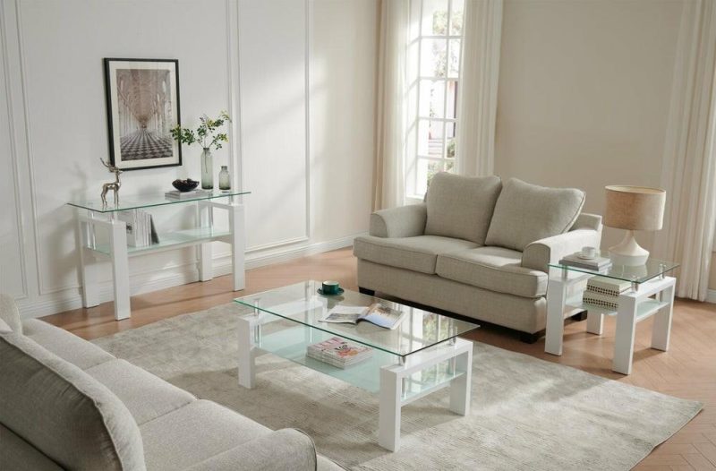 Harvy  47.25″ Modern Glass Top Coffee Table With Shelf – White Coffee Tables