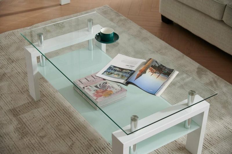 Harvy  47.25″ Modern Glass Top Coffee Table With Shelf – White Coffee Tables