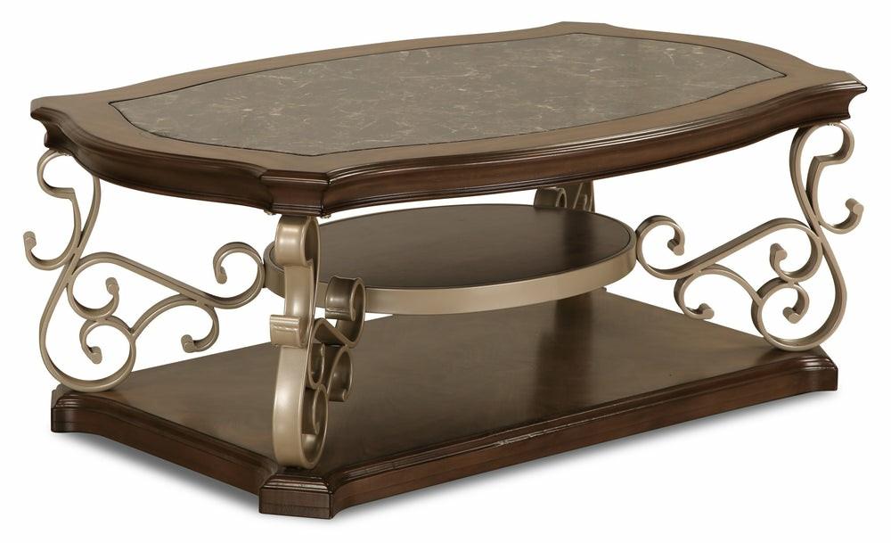 Heidi 52″ Ornate Coffee Table With Shelf – Brown And Champagne With Metal Legs Coffee Tables