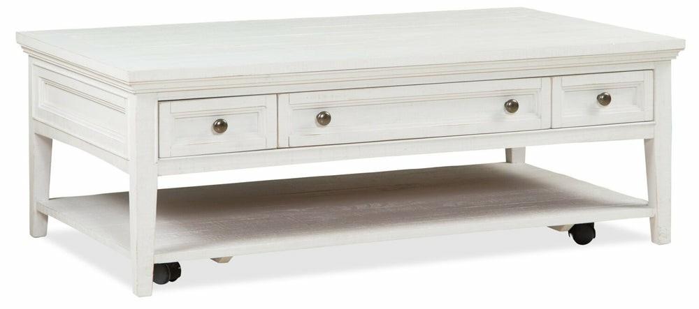 Heron Cove 50″ Traditional Coffee Table With Storage, Shelf And Casters – White Pine Coffee Tables