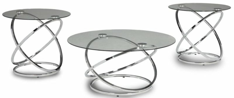 Hollynx 38″ Glam Round 3-Pack Coffee + 2 End Tables – Silver Metal Base With Glass Top Coffee Tables