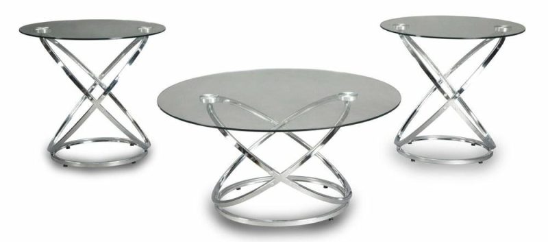 Hollynx 38″ Glam Round 3-Pack Coffee + 2 End Tables – Silver Metal Base With Glass Top Coffee Tables