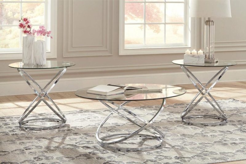 Hollynx 38″ Glam Round 3-Pack Coffee + 2 End Tables – Silver Metal Base With Glass Top Coffee Tables