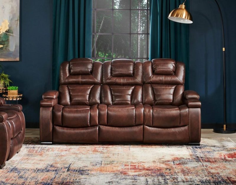 Hugo 84″ Brown Genuine Leather Power Reclining Sofa With Power Headrests, Dual Cupholders And Usb Port Furniture