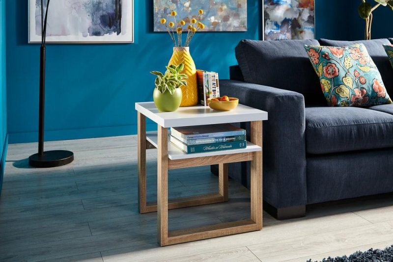 Izaac 22″ Modern End Table With Shelf – White And Brown End Tables