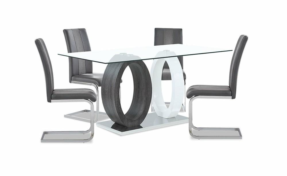 Jaye 5Pc Dining Set With Table & 4 Chairs, Glass Top, Pedestal Base, 63″W – Grey & White Dining Room