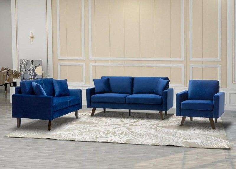 Joelle 69″ Blue Fabric Sofa With Wood Legs Furniture