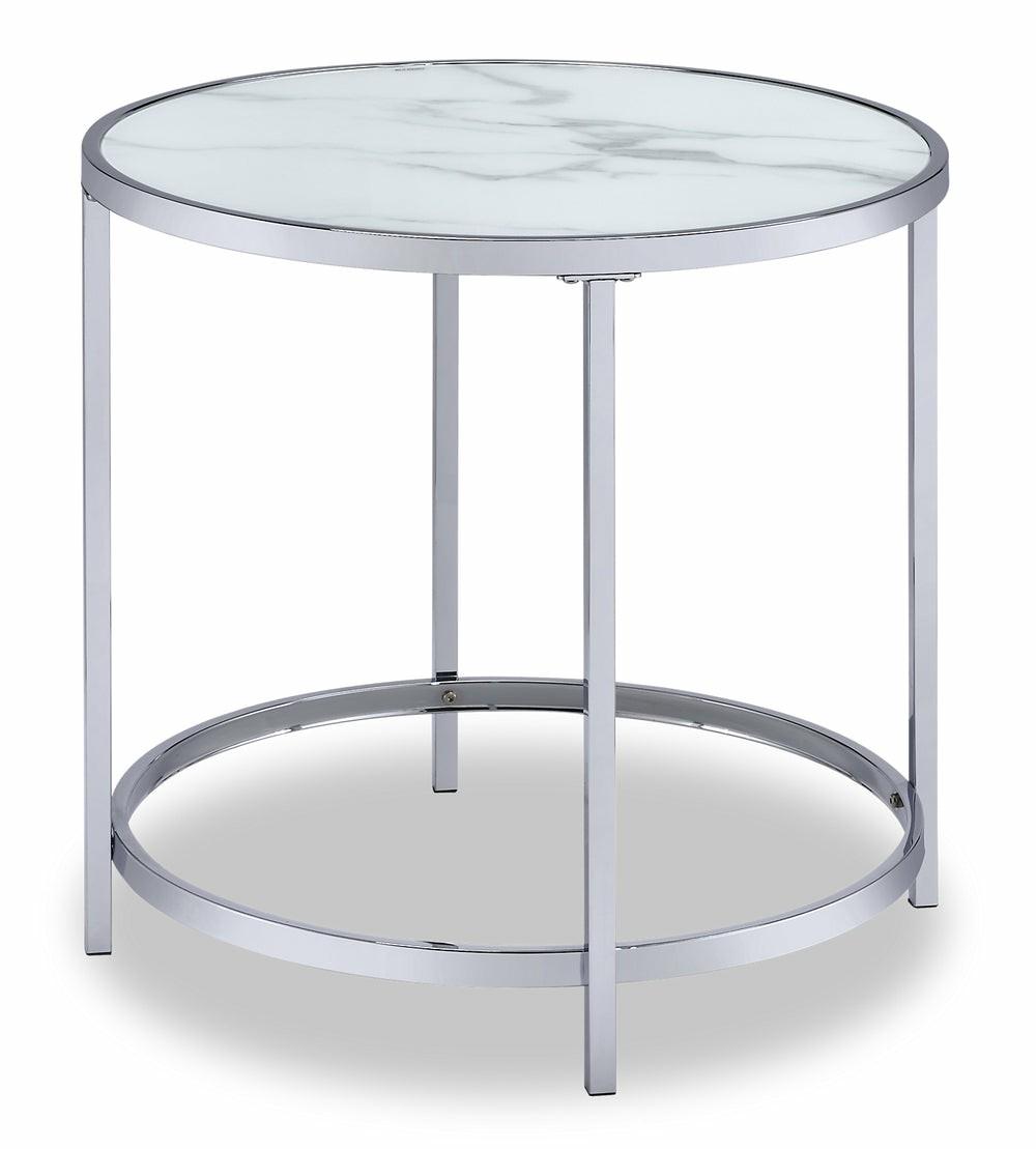 Josie 24″ Glam Round Glass Top End Table With Casters – Grey Marble Look With Metal Legs End Tables