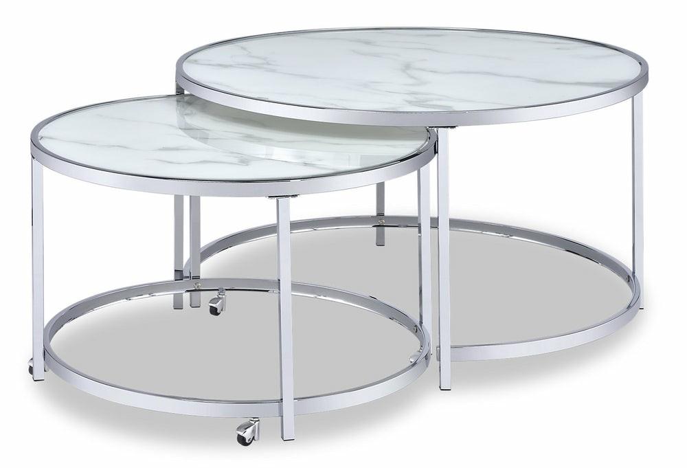 Josie 36″ Glam Round Glass Top Nesting Coffee Tables – Grey Marble Look With Metal Legs Coffee Tables