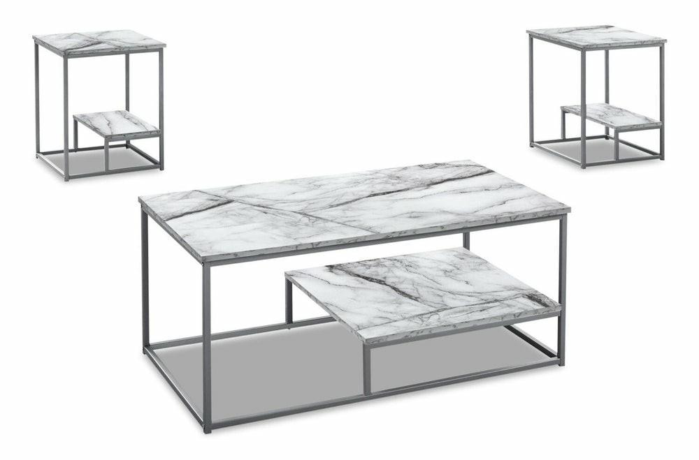 Jules 42.25″ Modern 3-Pack Coffee + 2 End Tables With Shelf – White Marble Look With Grey Metal Frame Coffee Tables