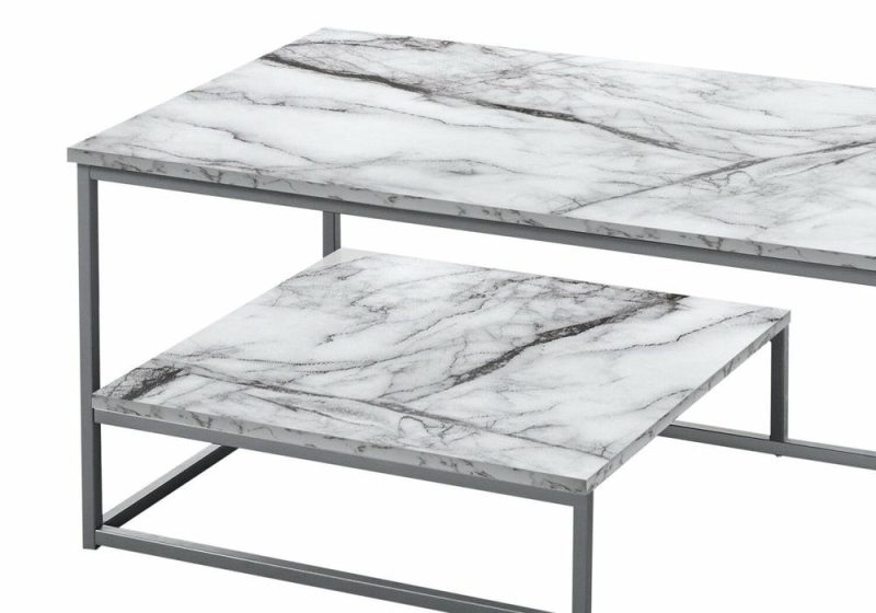 Jules 42.25″ Modern 3-Pack Coffee + 2 End Tables With Shelf – White Marble Look With Grey Metal Frame Coffee Tables