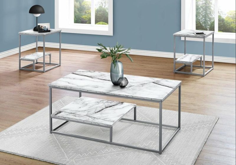 Jules 42.25″ Modern 3-Pack Coffee + 2 End Tables With Shelf – White Marble Look With Grey Metal Frame Coffee Tables