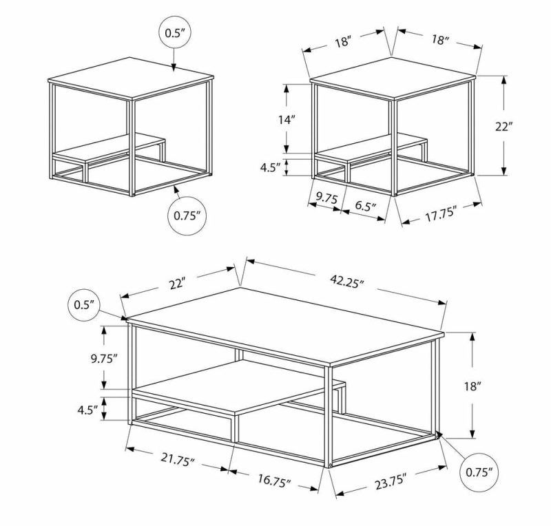 Jules 42.25″ Modern 3-Pack Coffee + 2 End Tables With Shelf – White Marble Look With Grey Metal Frame Coffee Tables