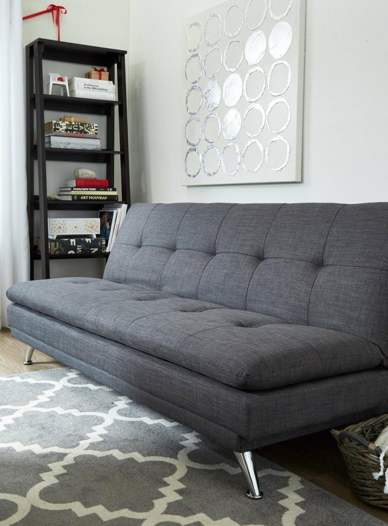 June 73.2″ Grey Linen-Look Fabric Klik Klak Futon With Metal Legs And Tufting Furniture