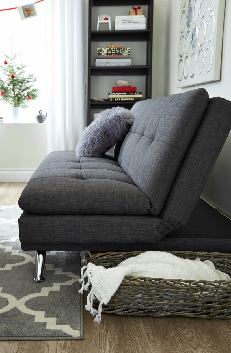 June 73.2″ Grey Linen-Look Fabric Klik Klak Futon With Metal Legs And Tufting Furniture